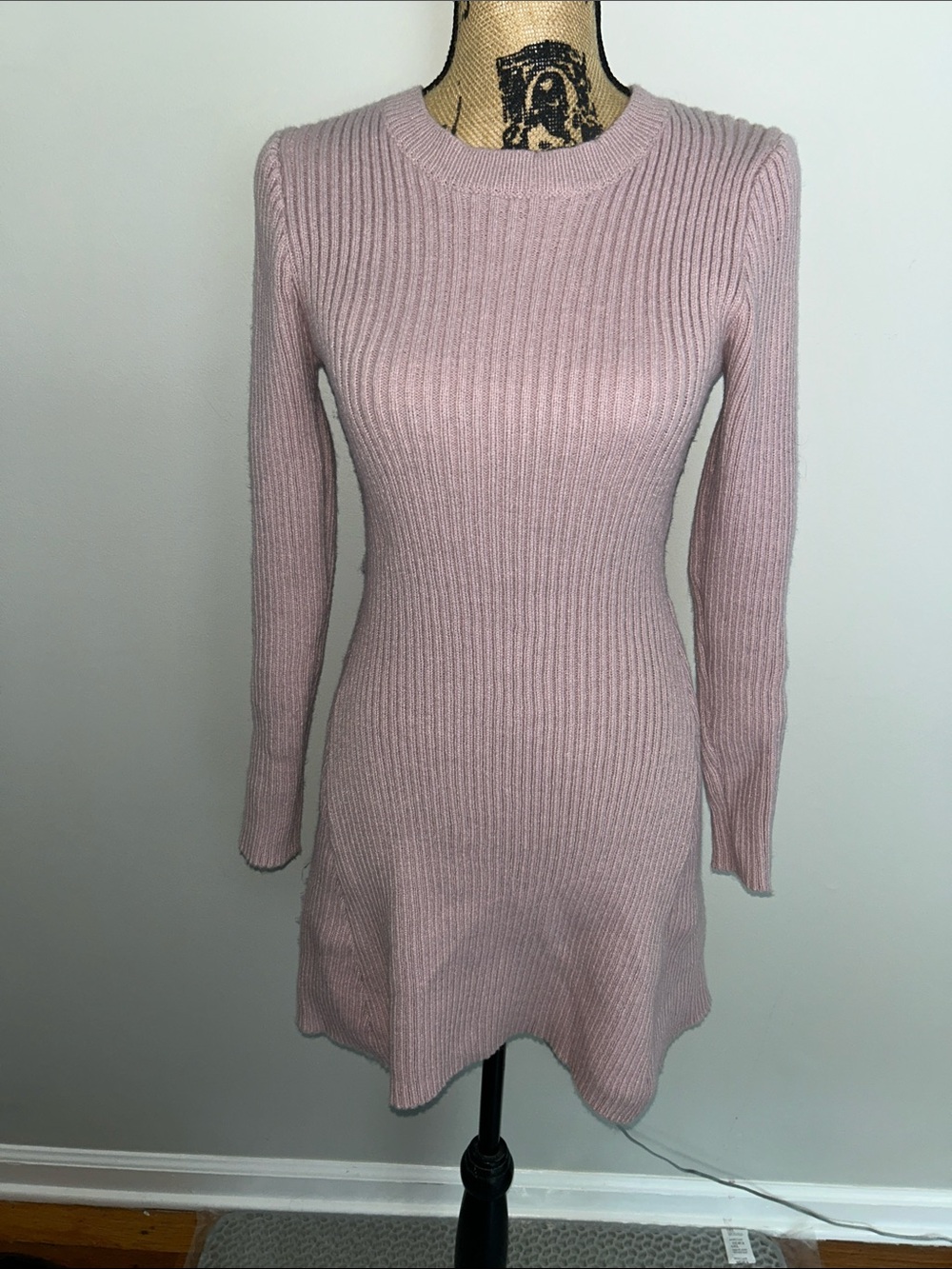 Ribbed Long-Sleeve Knit Dress in Light Pink